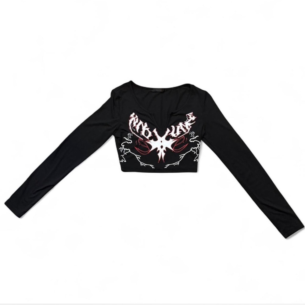 Y2K Black Graphic Print Red & White Design Long Sleeve Crop Top